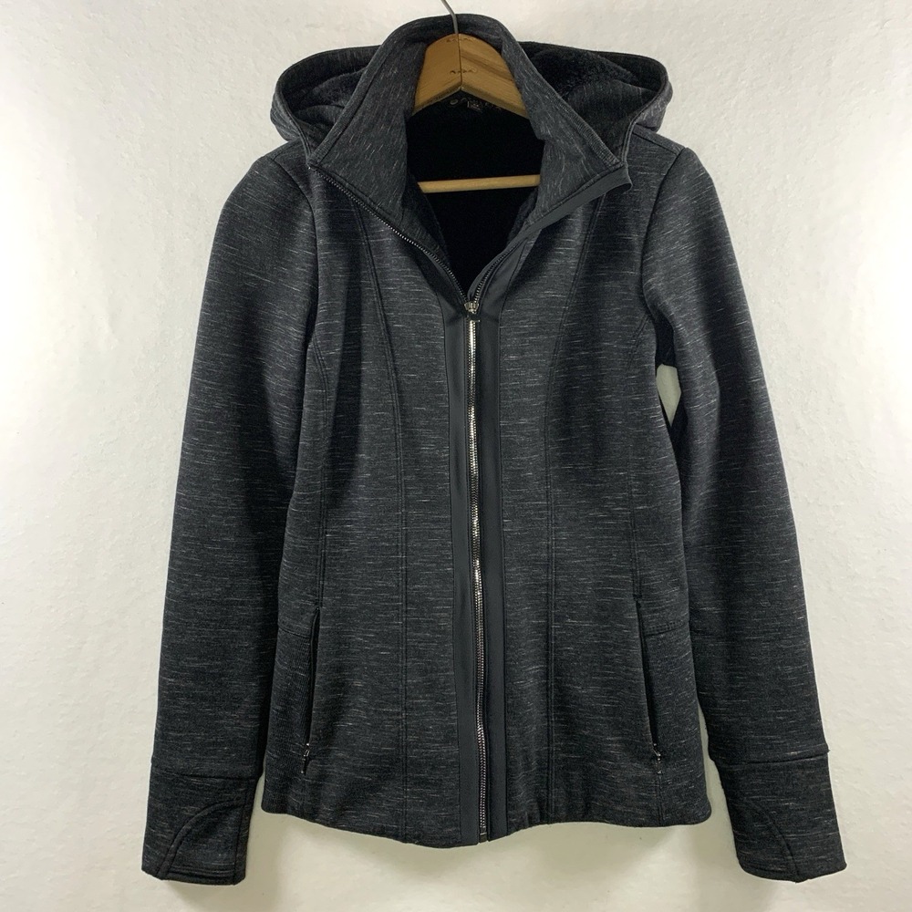 Athleta Womens Faux Fur Performance Zip Hoodie Jacket XS Heathered Black Plush